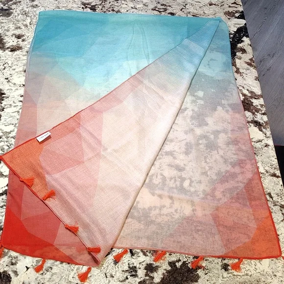 🌇 Mary Kay Large Scarf Shawl Wrap. Orange and Aqua. - Picture 14 of 14